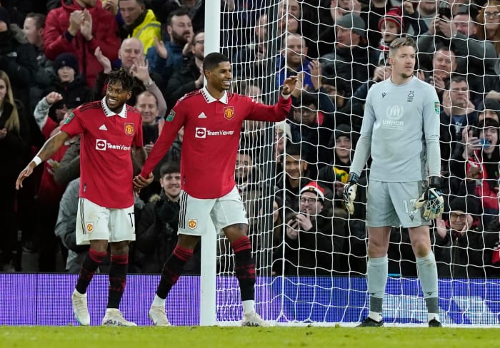 Fred (left) pictured celebrating his goal with Marcus Rashford (center) during Manchester United's 2-0 win over Nottingham Forest in the second leg of their EFL Cup semi-final in February 2023